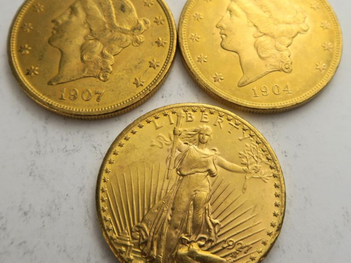 3 pièces de 20 Dollars or 1904, 1907, 1927. Frais acheteur 5 % TTC