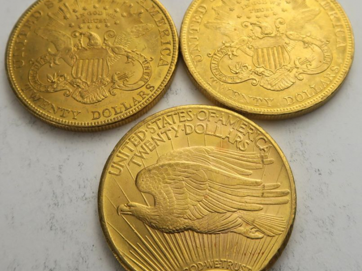 3 pièces de 20 Dollars or 1904, 1907, 1927. Frais acheteur 5 % TTC