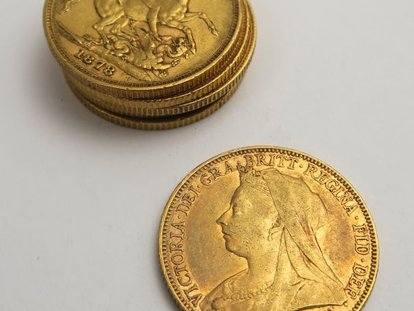 6 pièces Souverain or. Frais acheteur 5 % TTC