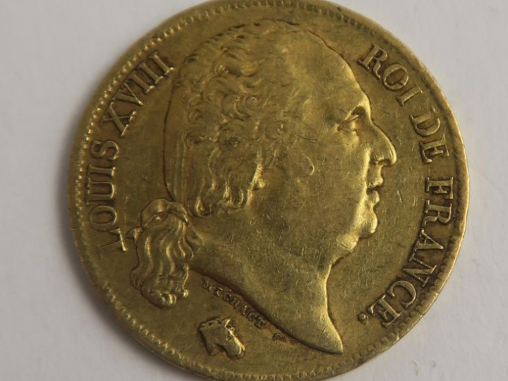 1 pièce de 20 Francs Louis XVIII or. Frais acheteur 5 % TTC