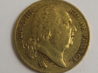 Vente aux enchères 1 pièce de 20 Francs Louis XVIII or. Frais acheteur 5 % TTC
