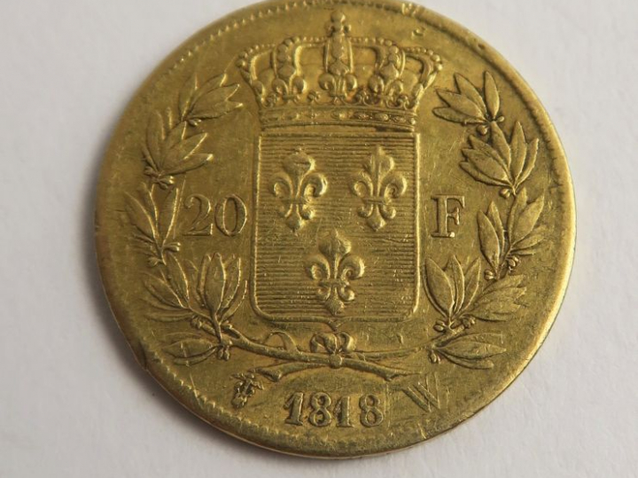 1 pièce de 20 Francs Louis XVIII or. Frais acheteur 5 % TTC