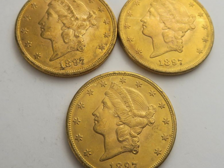 3 pièces de 20 dollars or 1897. Frais acheteur 20 % TTC