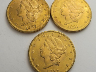 Vente aux enchères 3 pièces de 20 dollars or 1897. Frais acheteur 20 % TTC