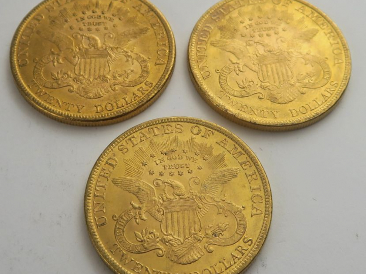 3 pièces de 20 dollars or 1897. Frais acheteur 20 % TTC