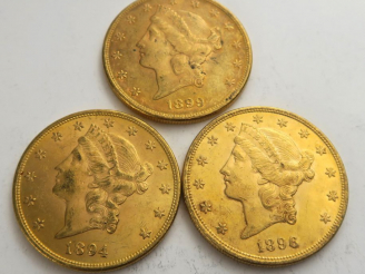 Vente aux enchères 3 pièces de 20 dollars or 1894, 1896, 1899. Frais acheteur 20 % TTC