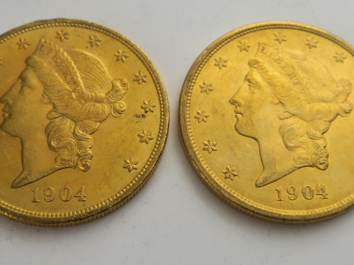 2 pièces de 20 dollars or 1904. Frais acheteur 20 % TTC