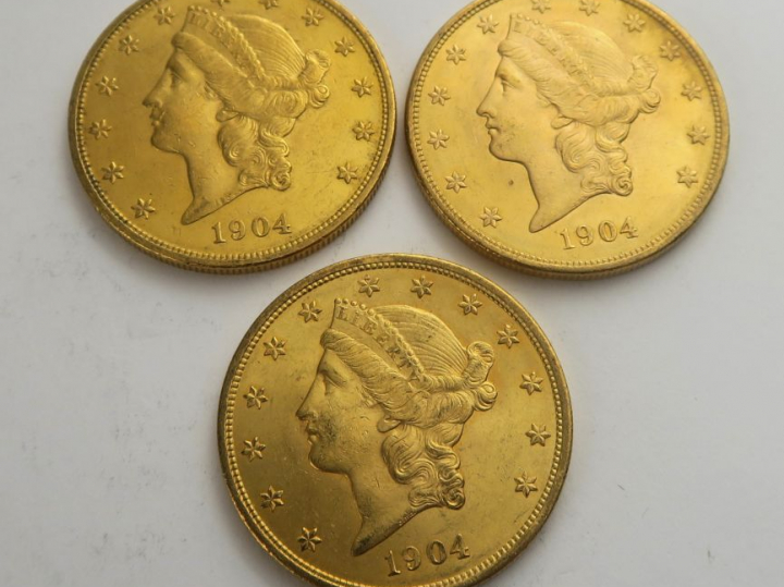 3 pièces de 20 dollars or 1904. Frais acheteur 20 % TTC