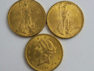 Vente aux enchères 3 pièces de 20 dollars or 1904, 1908, 1924. Frais acheteur 20 % TTC