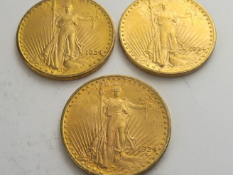 Vente aux enchères 3 pièces de 20 dollars or 1924. Frais acheteur 20 % TTC