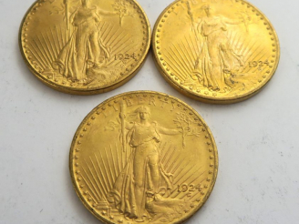 Vente aux enchères 3 pièces de 20 dollars or 1924. Frais acheteur 20 % TTC