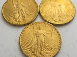 Vente aux enchères 3 pièces de 20 dollars or 1924. Frais acheteur 20 % TTC