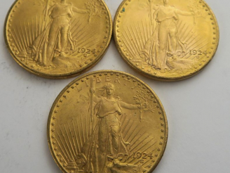 Vente aux enchères 3 pièces de 20 dollars or 1924. Frais acheteur 20 % TTC