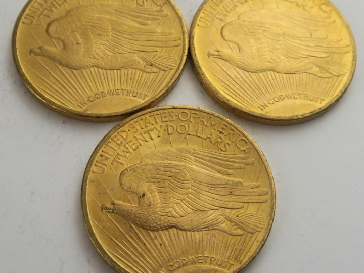 3 pièces de 20 dollars or 1924. Frais acheteur 20 % TTC