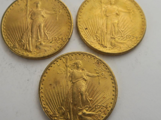 Vente aux enchères 3 pièces de 20 dollars or 1924. Frais acheteur 20 % TTC