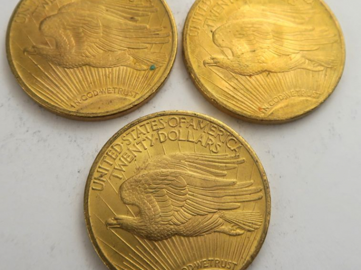 3 pièces de 20 dollars or 1924. Frais acheteur 20 % TTC