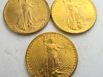 Vente aux enchères 3 pièces de 20 dollars or 1924. Frais acheteur 20 % TTC