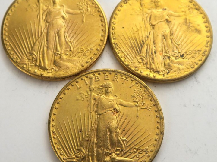 3 pièces de 20 dollars or 1927. Frais acheteur 20 % TTC