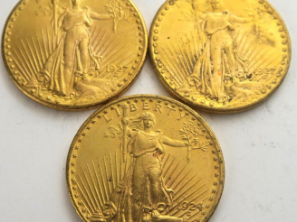 Vente aux enchères 3 pièces de 20 dollars or 1927. Frais acheteur 20 % TTC