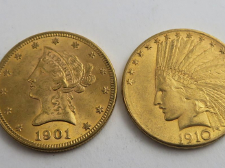 Vente aux enchères 2 pièces 10 dollars or. Frais acheteur 20 % TTC