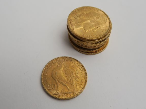 10 pièces de 20 francs or. Frais acheteur 20 % TTC