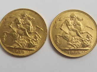 Vente aux enchères 2 pièces Souverain or. Frais acheteur 20 % TTC