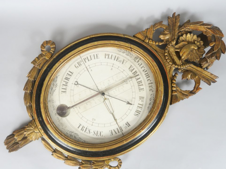 Baromètre thermomètre fin XVIIIème - début XIXème en bois noirci et bo