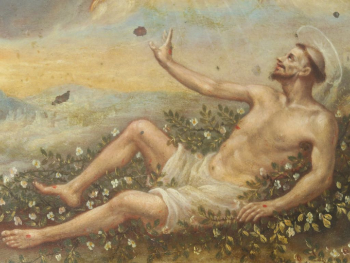 Ecole française XVIIème "Saint aux stigmates" Huile sur cuivre.  23,5 