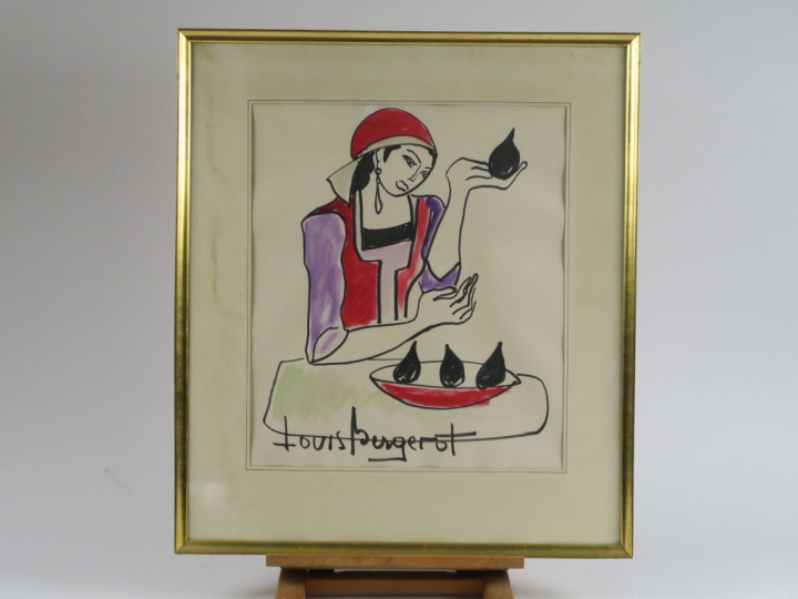 Louis BERGEROT "La vendeuse de figues" Aquarelle.  Signée.  45 x 39 cm