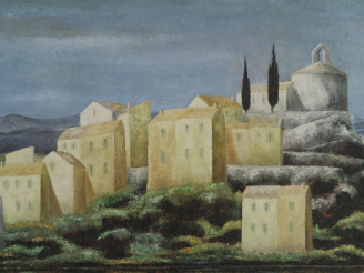 Vente aux enchères J.P CAPRON "Vue de village" Huile sur toile. Signée en bas à droite et