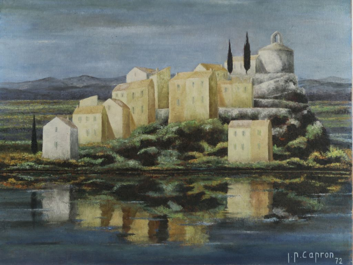 J.P CAPRON "Vue de village" Huile sur toile. Signée en bas à droite et