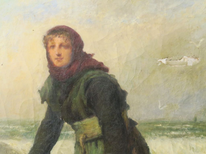 A. LAROCHE "La pêche aux moules" Huile sur toile.  Signée en bas à dro