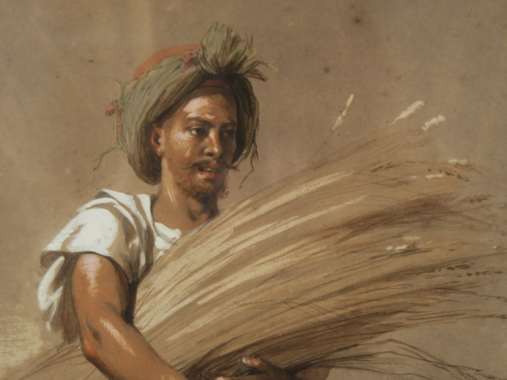 Hippolyte LAZERGES "Oriental à la gerbe de blé" Dessin aquarellé et re