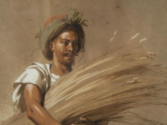 Vente aux enchères Hippolyte LAZERGES "Oriental à la gerbe de blé" Dessin aquarellé et re