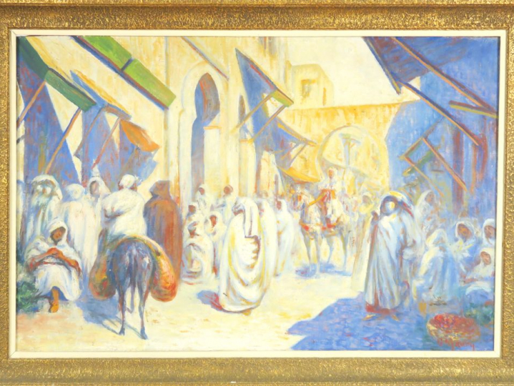G. MAURY "Souk en Afrique du Nord" Huile sur toile.  Signée en bas à d