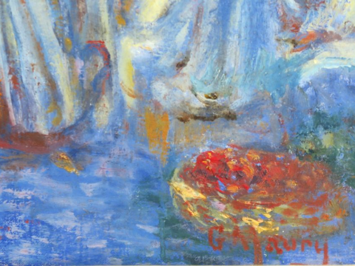 G. MAURY "Souk en Afrique du Nord" Huile sur toile.  Signée en bas à d