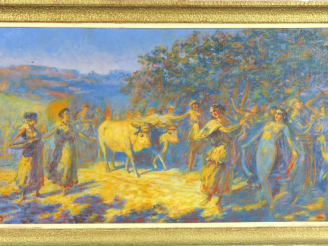 Vente aux enchères G. MAURY "Fête paysanne" Huile sur toile.  Signée en bas à gauche.  50