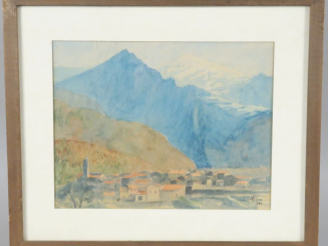 Vente aux enchères F. MIRO "Village en montagne" Aquarelle. Signée en bas à droite. 22,5 