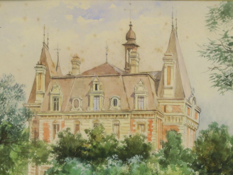 Vente aux enchères Gustave NOËL. "pièce d'eau devant le château" Aquarelle.  Signée en ba