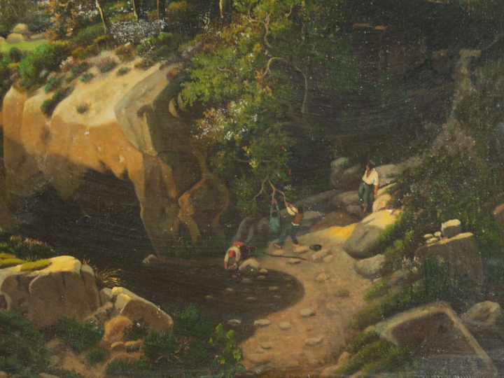 Théodore RICHARD "Paysage animé" Huile sur toile (réentoilée). Signée 