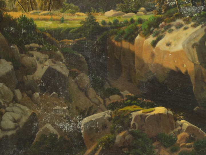 Théodore RICHARD "Paysage animé" Huile sur toile (réentoilée). Signée 
