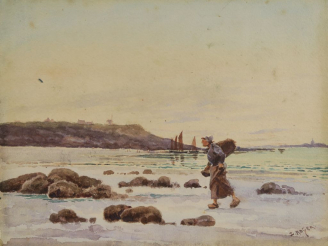 Vente aux enchères L. ROGER "La pêche aux moules" et "Marine" Paire d'aquarelles. Signées