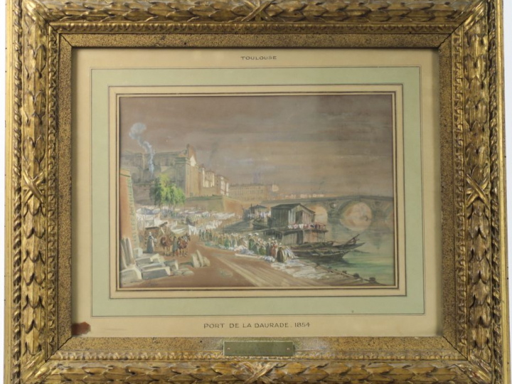 SOULIER"Toulouse, le port de la Daurade" Aquarelle. Signée en bas à ga