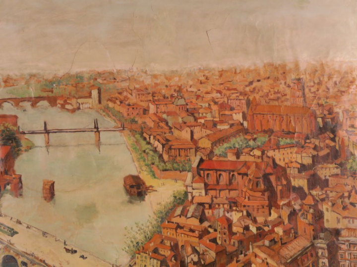 Ecole française Xxème "Vue de Toulouse" Huile sur toile.  180 x 147,5 