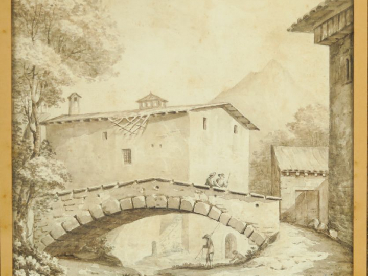 Ecole française du XIXème siècle. Vue d’un pont antique 24,5 x 26,2 cm