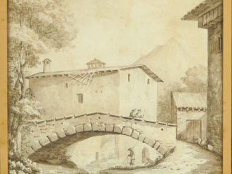 Vente aux enchères Ecole française du XIXème siècle. Vue d’un pont antique 24,5 x 26,2 cm