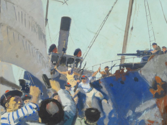 Vente aux enchères A. BRENET  "L'abordage" Gouache.  Signée en bas à droite.  34 x 43 cm 