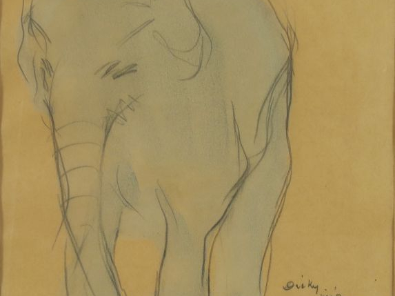 Edmond-Amédé HEUZE  "Eléphant bleu" Dessin aquarellé. Signé en bas à d