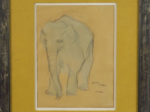 Edmond-Amédé HEUZE  "Eléphant bleu" Dessin aquarellé. Signé en bas à d