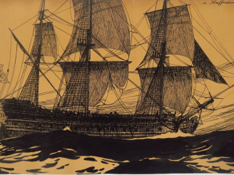 Vente aux enchères Léon HAFFNER  "Trois mâts" Pochoir à l'encre.  Signé en haut à droite.